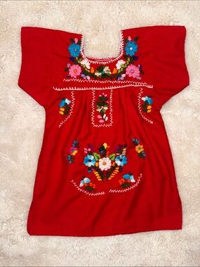 Red Embroidered Mexican Tunic Top with Colorful Floral Design